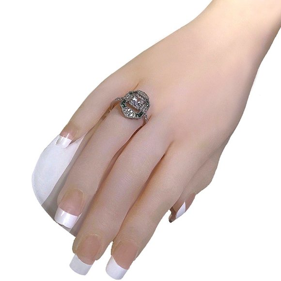 Vintage Estate Inspired Ring - Synthetic Emeralds & Diamonds - Size 6, 7 or 8 - Picture 11 of 12